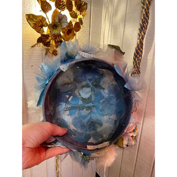 vintage 1950s blue flower hat modern miss 50s fashion easter wedding pillbox - Picture 8 of 8